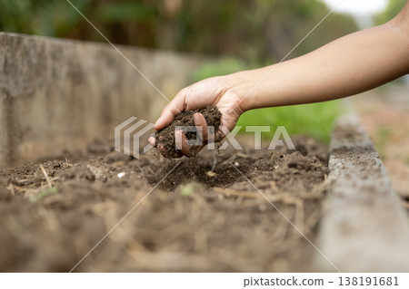 農事的畫面,泥土從手中傾瀉而下,用來改良田地土壤。 農事的畫面,泥土從手中傾瀉而下,用來改良田地土壤。 138191681