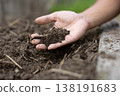 A close-up of the microorganism-rich soil and its texture, held in the palm of the hand. 138191683