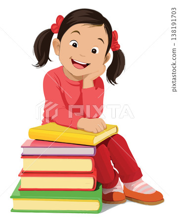 Vsai smiling girl sitting on stack of books, education and knowledge concept Vsai smiling girl sitting on stack of books, education and knowledge concept 138191703