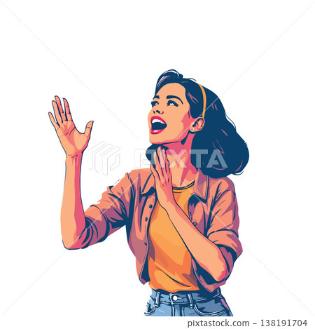 Vsai enthusiastic young woman clapping and looking up in amazement Vsai enthusiastic young woman clapping and looking up in amazement 138191704