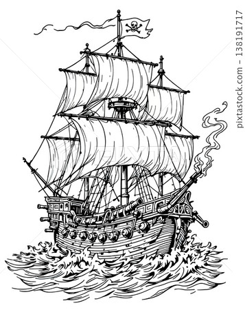 Vsai pirate ship sailing on rough sea with skull and crossbones flag 138191717