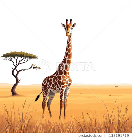 Vsai giraffe standing in the african savanna near an acacia tree 138191719