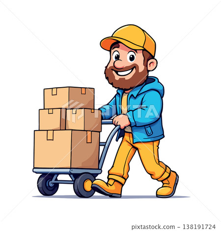 Vsai delivery man pushing cart with cardboard boxes and smiling Vsai delivery man pushing cart with cardboard boxes and smiling 138191724
