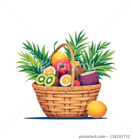 Vsai wicker basket overflowing with fresh tropical fruit and palm leaves Vsai wicker basket overflowing with fresh tropical fruit and palm leaves 138191732