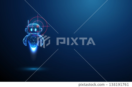 3d blue robot inside target crosshair. AI detection and recognition, intelligent agent identification, computer vision analysis, machine learning evaluation concept. 3d blue robot inside target crosshair. AI detection and recognition, intelligent agent identification, computer vision analysis, machine learning evaluation concept. 138191761