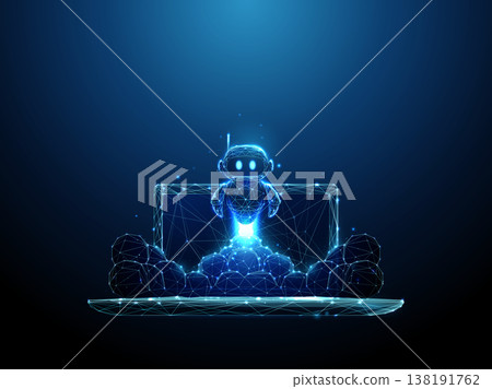 3d cute robot flying out of laptop and smoke clouds. AI system launch, digital assistant activation, automated workflow startup, intelligent technology deployment concept. 3d cute robot flying out of laptop and smoke clouds. AI system launch, digital assistant activation, automated workflow startup, intelligent technology deployment concept. 138191762