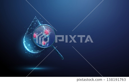 3d water drop under magnifying glass with viruses inside. Water contamination, infection risk, microbiological analysis, pathogen detection, water quality assessment concept 138191763