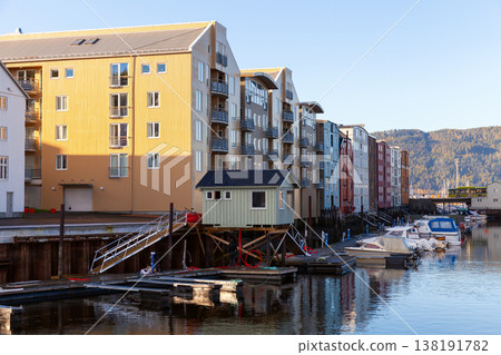 Trondheim waterfront apartments line a quiet marina pier Trondheim waterfront apartments line a quiet marina pier 138191782