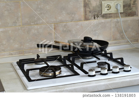 Gas stove top view. Gas stove top view. 138191803