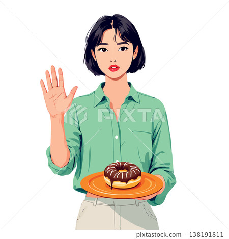Vsai young woman refusing sugary donut and choosing healthy lifestyle 138191811