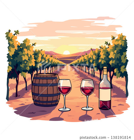 Vsai wine bottle, barrel and glasses standing in a vineyard at sunset 138191814