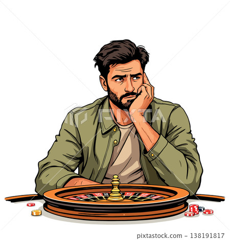 Vsai pensive gambler contemplating roulette wheel outcome Vsai pensive gambler contemplating roulette wheel outcome 138191817