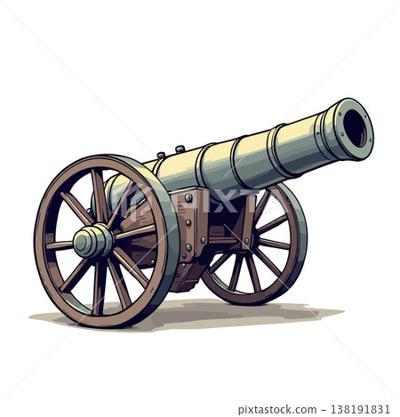 Vsai large cannon on wooden wheels pointing right on white background 138191831