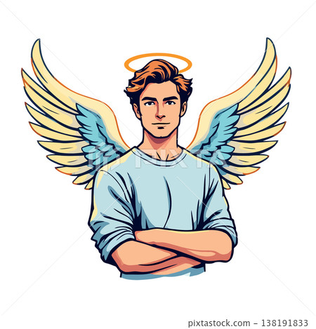 Vsai young man with angel wings and halo crossing his arms Vsai young man with angel wings and halo crossing his arms 138191833