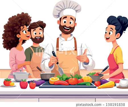 Vsai chef teaching cooking class to happy students with vegetables on kitchen counter 138191838