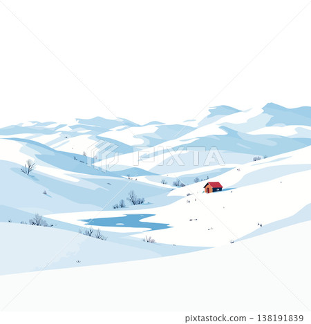 Vsai small wooden house stands on snowy rolling hills in winter landscape 138191839