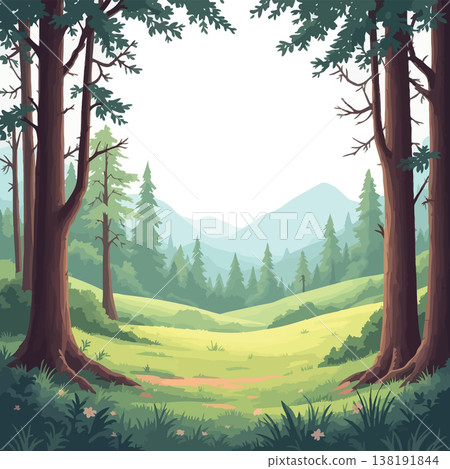 Vsai lush green meadow framed by trees in a serene forest landscape Vsai lush green meadow framed by trees in a serene forest landscape 138191844