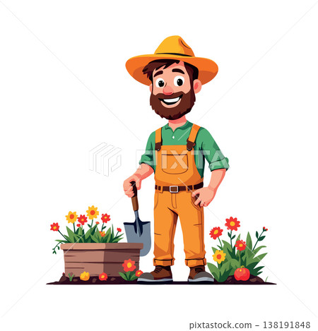 Vsai happy farmer holding shovel and taking care of plants in garden Vsai happy farmer holding shovel and taking care of plants in garden 138191848