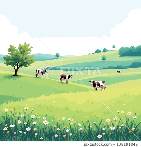 Vsai cows grazing in green meadow on sunny day with wildflowers Vsai cows grazing in green meadow on sunny day with wildflowers 138191849
