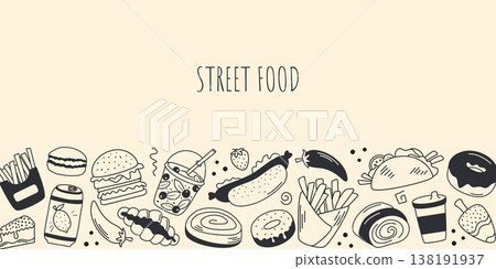 Horizontal banner with street food theme in doodle style 138191937