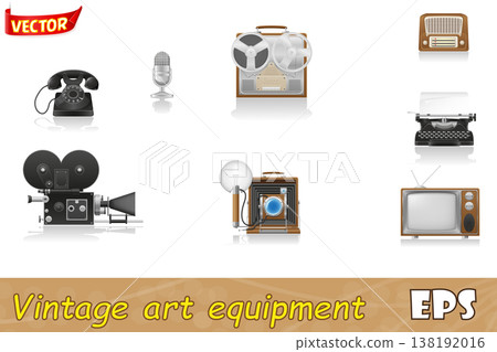 vintage and old art equipment video photo phone recording tv radio writing vector illustration 138192016