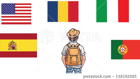 Vsai traveler contemplating flags of five nations Vsai traveler contemplating flags of five nations 138192085