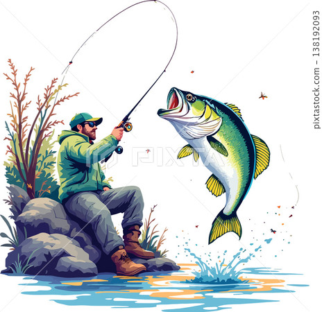 Vsai fisherman reeling in a large bass from a rocky shore Vsai fisherman reeling in a large bass from a rocky shore 138192093