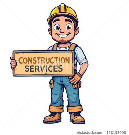 Vsai smiling cartoon construction worker holding sign 138192098