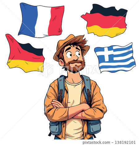 Vsai traveler contemplating european destinations with flags Vsai traveler contemplating european destinations with flags 138192101