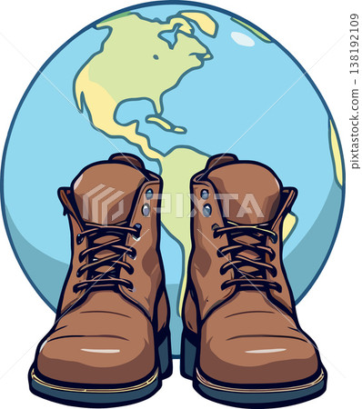 Vsai hiking boots resting on a globe illustration Vsai hiking boots resting on a globe illustration 138192109