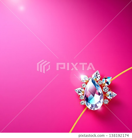 一顆水滴形寶石，閃耀著洋紅色光澤，並以金色點綴。一件奢華的高端珠寶。 （留有文字空間。珠寶廣告背景。） 138192174