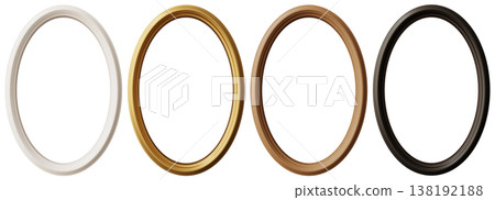 Four oval picture frames in white, gold, brown, and black are arranged neatly. They stand out clearly on a simple backdrop perfect for showcasing photos or art 138192188