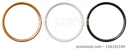 Three round picture frames are displayed on a clear background. The frames are in three different colors. They are meant for showcasing pictures or artwork. This setup can help in design ideas Three round picture frames are displayed on a clear background. The frames are in three different colors. They are meant for showcasing pictures or artwork. This setup can help in design ideas 138192189