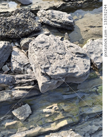 Close-Up of Weathered Rocks on a Coastal Landscape with Algae and Water 138192244