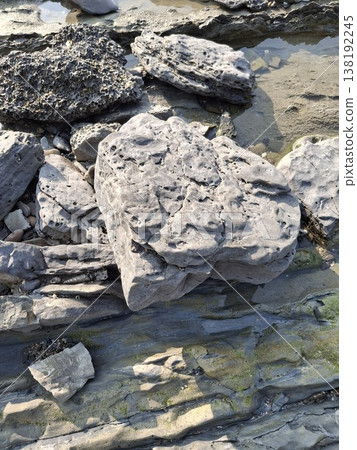 Close-Up of Weathered Rocks on a Coastal Landscape with Algae and Water 138192245