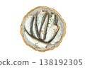 Source of omega. Sprat in oil in a transparent plate isolated on a white background. Top view. 138192305