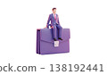 3D Businessman Character Sitting on Large Purple Briefcase 138192441