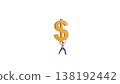 3D Small Character Lifting Large Gold Dollar Sign 138192442