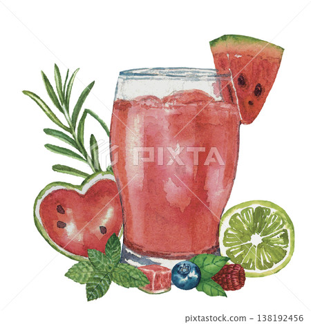 Watermelon Cocktail Watercolor Fresh Summer Fruit Drink 138192456