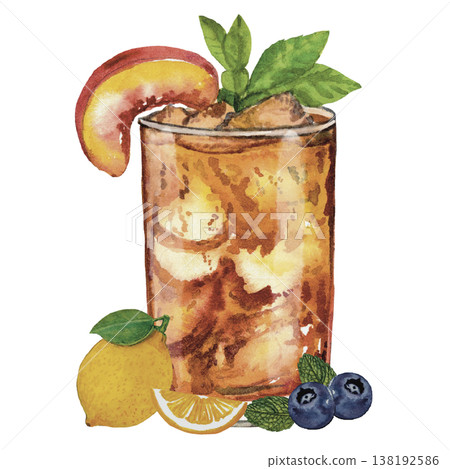 Iced Tea Cocktail Watercolor Citrus Drink with Peach and Lemon Iced Tea Cocktail Watercolor Citrus Drink with Peach and Lemon 138192586