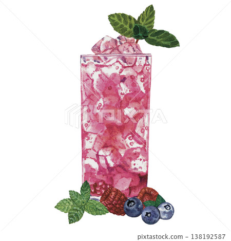 Berry Cocktail Watercolor Fresh Fruit Drink with Mint and Ice 138192587