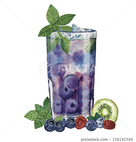 Blueberry Mojito Watercolor Fresh Berry Cocktail with Mint Blueberry Mojito Watercolor Fresh Berry Cocktail with Mint 138192589