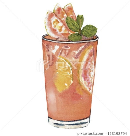 Orange Cocktail Watercolor Fresh Citrus Drink with Ice Orange Cocktail Watercolor Fresh Citrus Drink with Ice 138192794