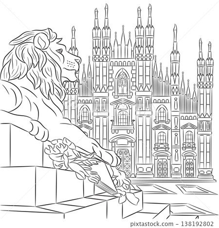 Black and white lion statue with cathedral facade in Milan, Italy vector illustration 138192802