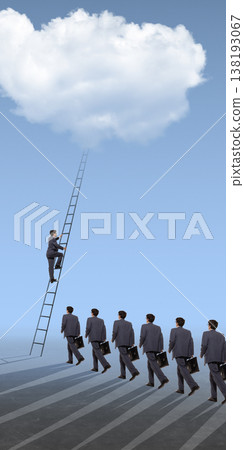 Businessman climbing ladder to cloud while others follow below in career hierarchy scene. Businessman climbing ladder to cloud while others follow below in career hierarchy scene. 138193067