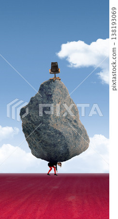 Businesswoman carrying huge rock with office chair on top symbolizing career pressure Businesswoman carrying huge rock with office chair on top symbolizing career pressure 138193069
