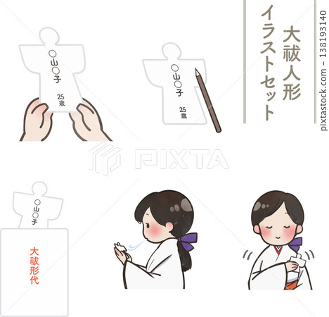 使用紙人偶（人形）進行大淨化儀式的向量插圖 | 驅邪淨身步驟說明及神道儀式講解材料（透明背景） 138193140