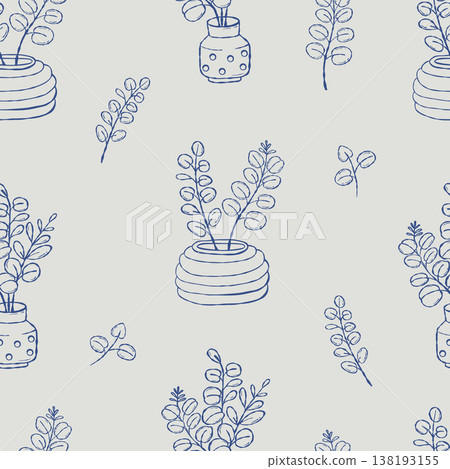 Seamless Pattern with Eucalyptus Branches in Ceramic Vases on Light Grey Background. Minimalist Botanical Line Art. Vector Illustration. Outline Blue Hand Drawn. Seamless Pattern with Eucalyptus Branches in Ceramic Vases on Light Grey Background. Minimalist Botanical Line Art. Vector Illustration. Outline Blue Hand Drawn. 138193155