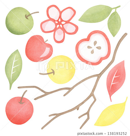 A set of apples and leaves. A typical illustration isolated on a white background. Bright fruits for food and agriculture-themed designs, posters, and summer events. A set of apples and leaves. A typical illustration isolated on a white background. Bright fruits for food and agriculture-themed designs, posters, and summer events. 138193252