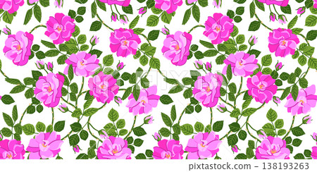 Vector background with a branch of pink roses. A popular Victorian motif. A symbol of love and passion. Seamless rosehip pattern. Clipart for Valentine's Day cards, weddings, and Mother's Day. 138193263
